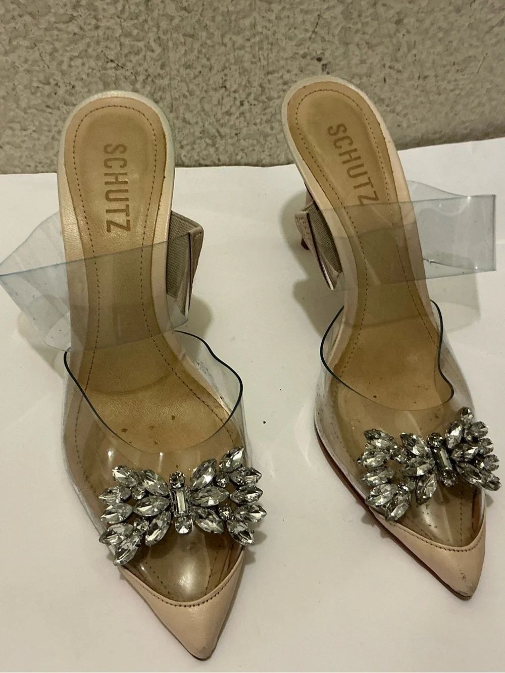 SCHUTZ Nude Pointed Mule Heels with Crystal Bow Accent 6B